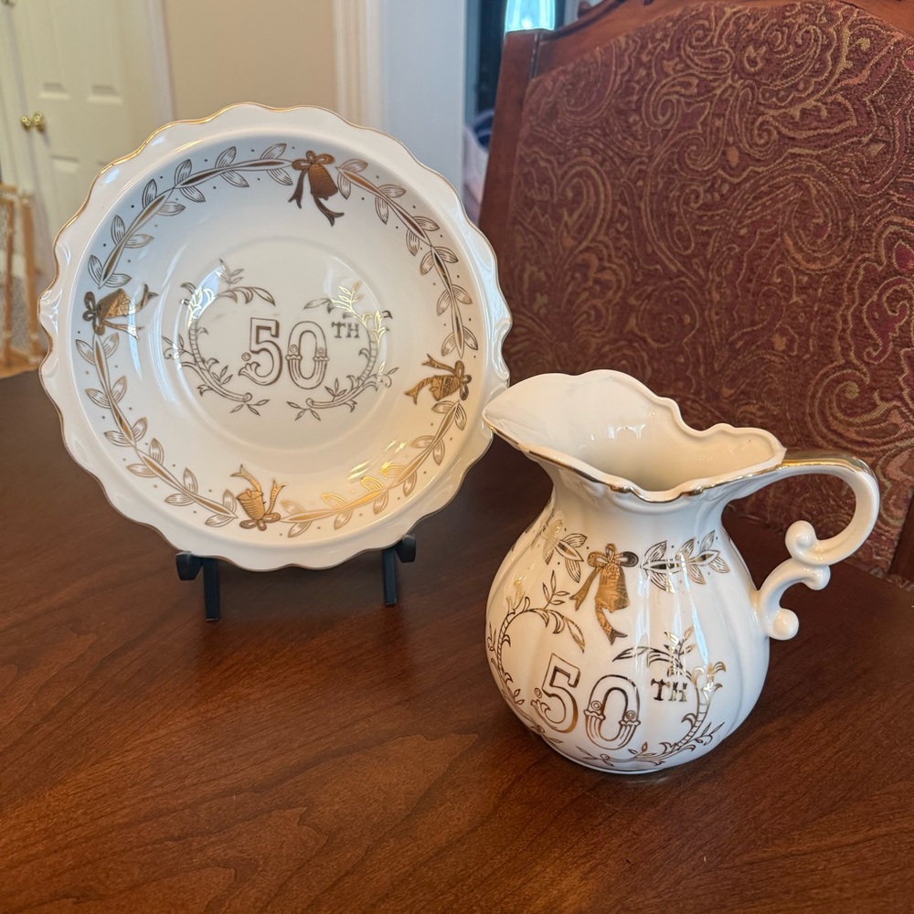 Vintage Lefton China 50th Anniversary Gold/White Pitcher & Bowl - Hand Painted